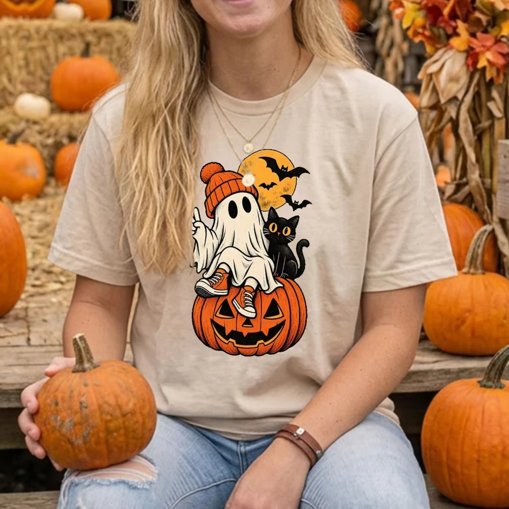 Cute Halloween Ghost Pumpkin Graphic T Shirt Black Cat Spooky Season Short Sleeve Loose Fit Family Matching Men Women Tops