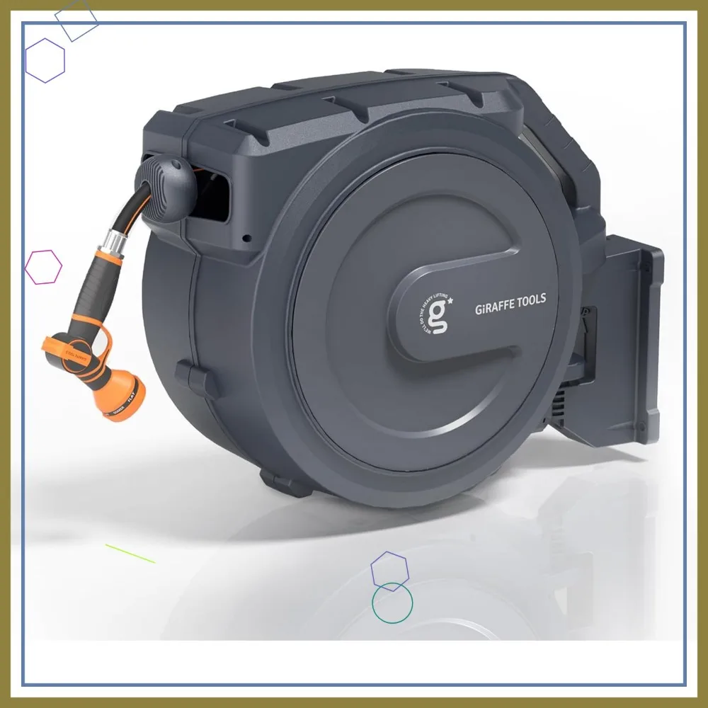 

Retractable Garden Hose Reel, 5/8" x 62 ft Wall Mounted with 180° Swivel Bracket, Any Length Lock, 9-Function Sprayer Nozzle