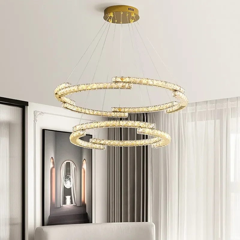 Modern Lustre Crystals Led Pendant Lights Luxury Foyer Hanging Chandelier Light Home Steel Circle Led Luminarias Lamp Fixtures