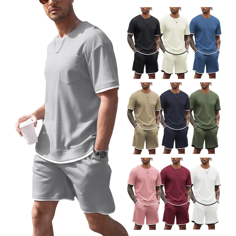 Men's Color Matching Sports Suit Short Sleeve Shorts Two Piece Suit