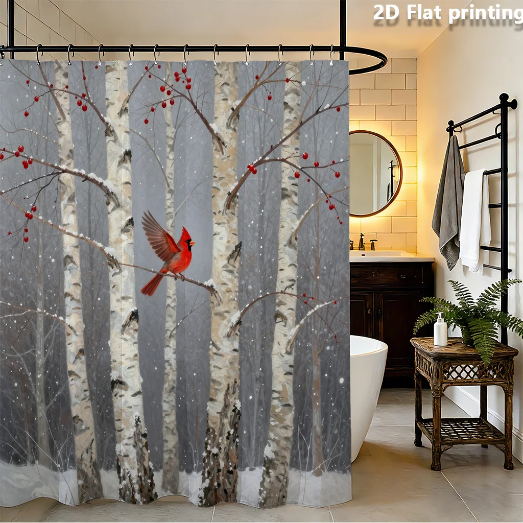 Winter Cardinal Birch Tree Shower Curtain, Snowy Forest Bird Waterproof Bath Curtain, Christmas Rustic Bathroom Decor