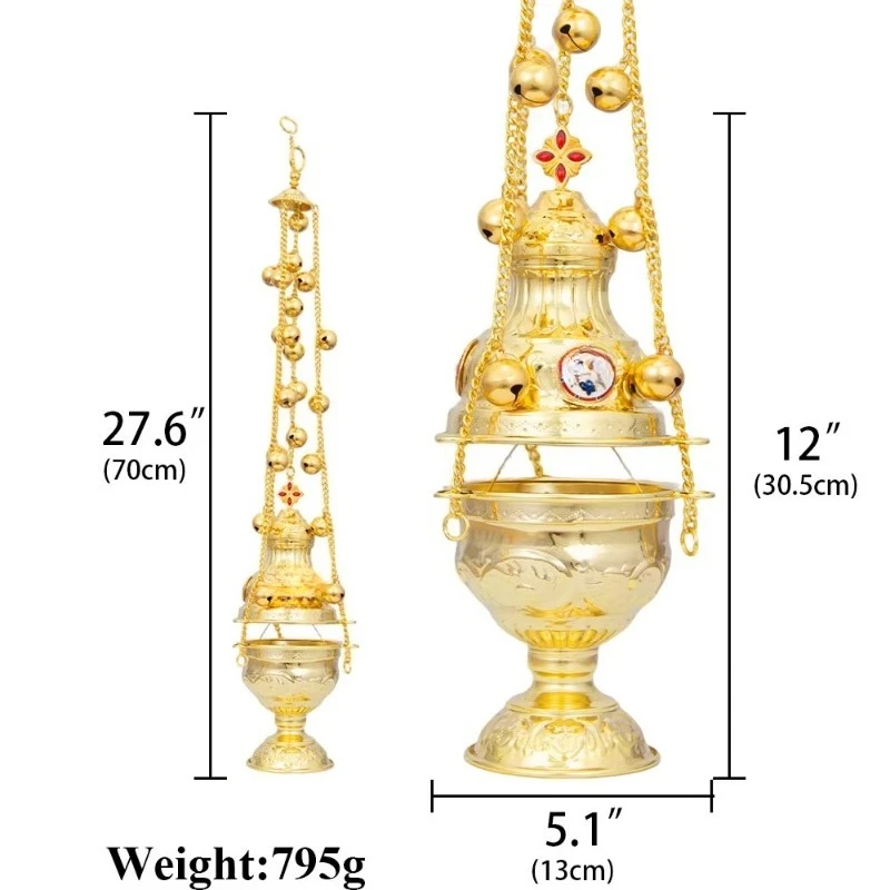 Antique Gold OrthodoxHanging with Chain Bells Large Church Incense Burner for Religious Ceremony Altar Decor