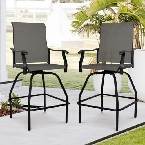 Patio Bar Set 2pcs Swivel Bar Stools Outdoor Bistro Textilene Furniture Stability All-Weather Set (2, Grey Fabric)