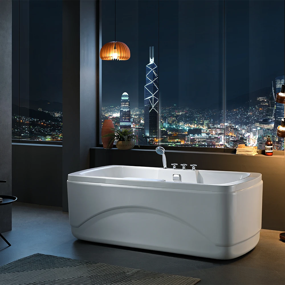 

Elegant White Acrylic Freestanding Corner Bathtub with Portable Soaking Function for Hotel Bathroom