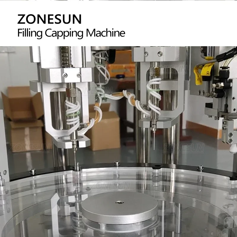 Zonesun ZS-EL450 máquina automática de enchimento de líquidos, linha de produção de garrafas de óleo essencial, sistemas de alimentação automática