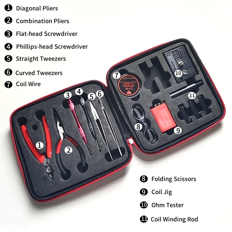 تتضمن مجموعة أدوات Vape Atomizer من الجيل الثاني DIY على قضيب لفائف Ohmmeter وملاقط السيراميك ومجموعة أدوات كومبو #2