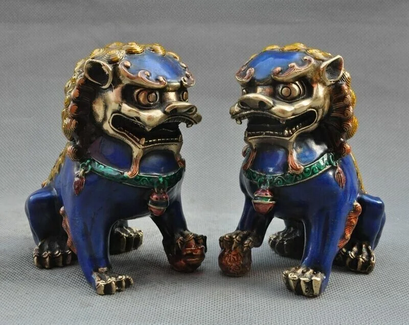 زوج قديم فنغشوي البرونزية مصوغة بطريقة الحرس فو فو الكلب الأسد الوحش تمثال #1