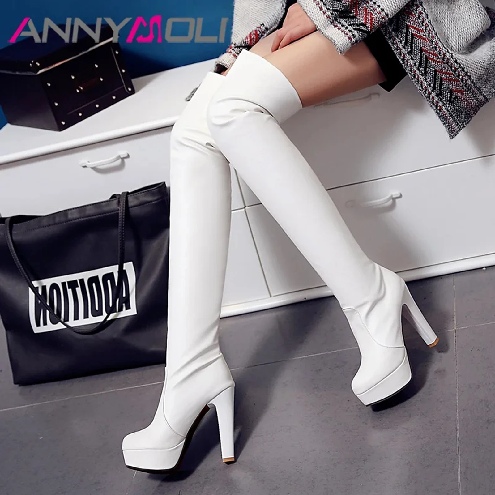 ANNYMOLI Women Pu Leather Strech Boots Over-the-Knee Platform Thin High Heel Round Toe Sexy Winter Autumn Shoes Black White33-43