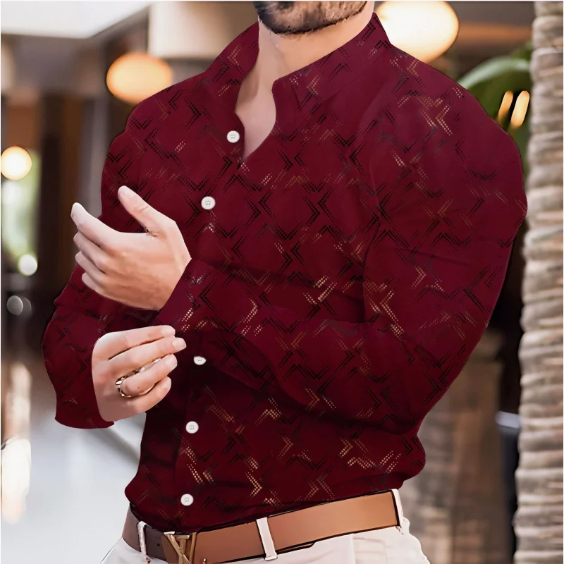 

Европа Америка insCross-Border Горячая мода весна и осень мужская повседневная рубашка с длинным рукавом с геометрическим золотым тиснением и принтом