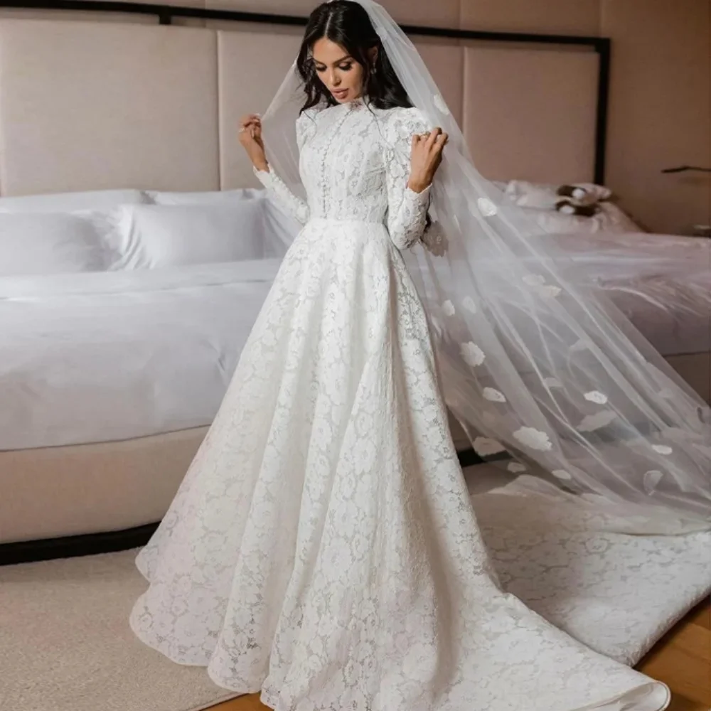 Elegant Muslim Wedding Dress High Neck Long Sleeeves A-Line Floor-Length Beach Bridal Gown Vestidos de novia Arab Party Dress