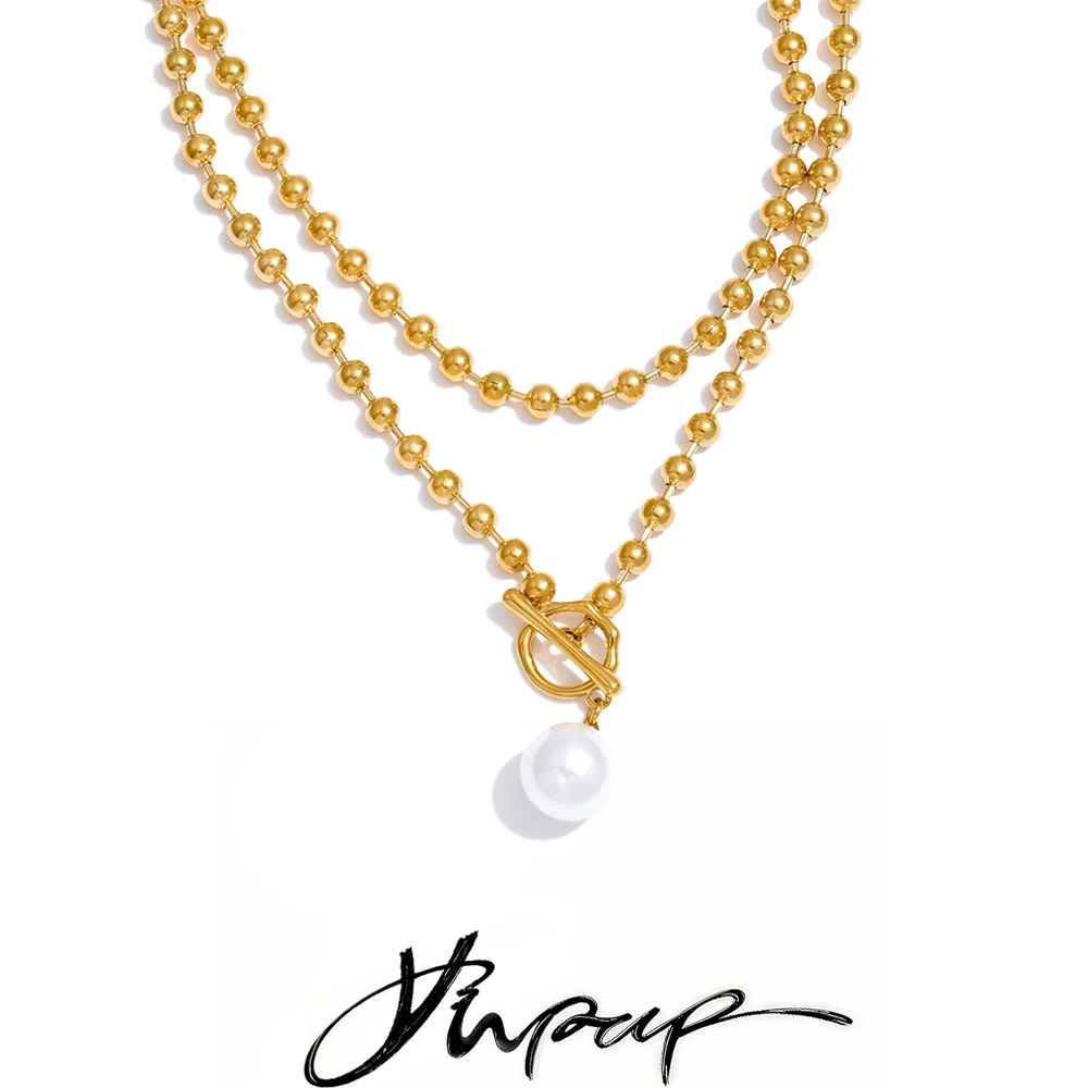 Yhpup 120 cm lange Halskette aus Edelstahl mit Perlen, Imitationsperlen, Tropfen-Halskette, Knebelverschlüsse, Statement-Mode, exquisiter Schmuck, neu