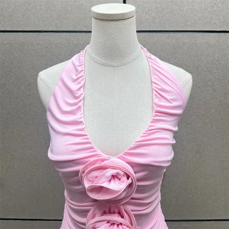 Camiseta para mujer, nueva camiseta sin mangas con decoración floral 3D para verano 2025, camiseta sin mangas Sexy sin espalda, top corto, corsé para mujer, top para mujer