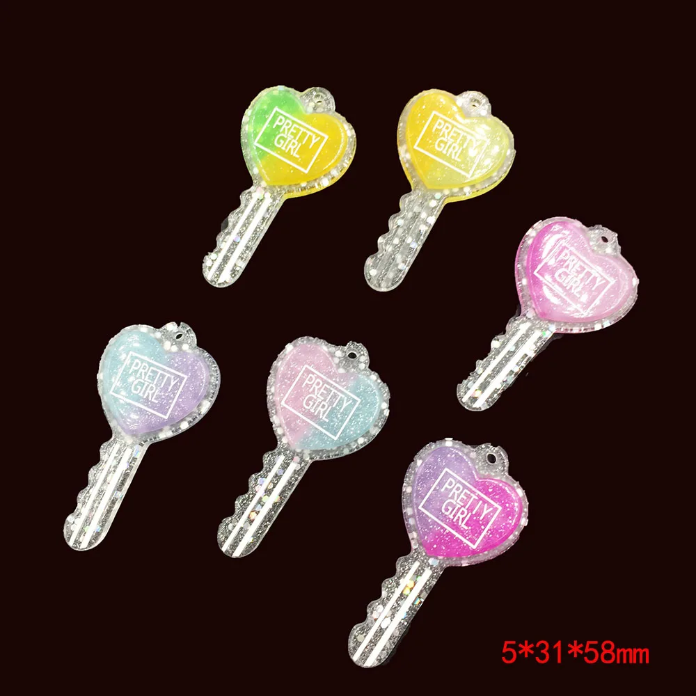 10Pcs Cute Glitter Rainbow Key With Hole Flat back Resin Cabochon for DIY Handmade Necklace Keychain Jewelry Making Accessories