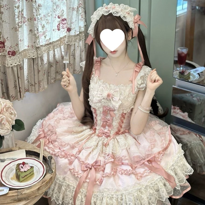 

French Lolita Strap Dress Y2K Vintage Lace Patchwork Elegant Sweet Kawaii Dress Women Cosplay Outfit 2026 New Party Clothing