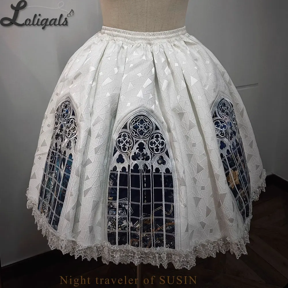 تنورة قوطية على شكل حرف A نافذة كاتدرائية مطبوعة تنورة لوليتا قصيرة بخصر مطاطي ~ المسافر الليلي من SUSIN #5