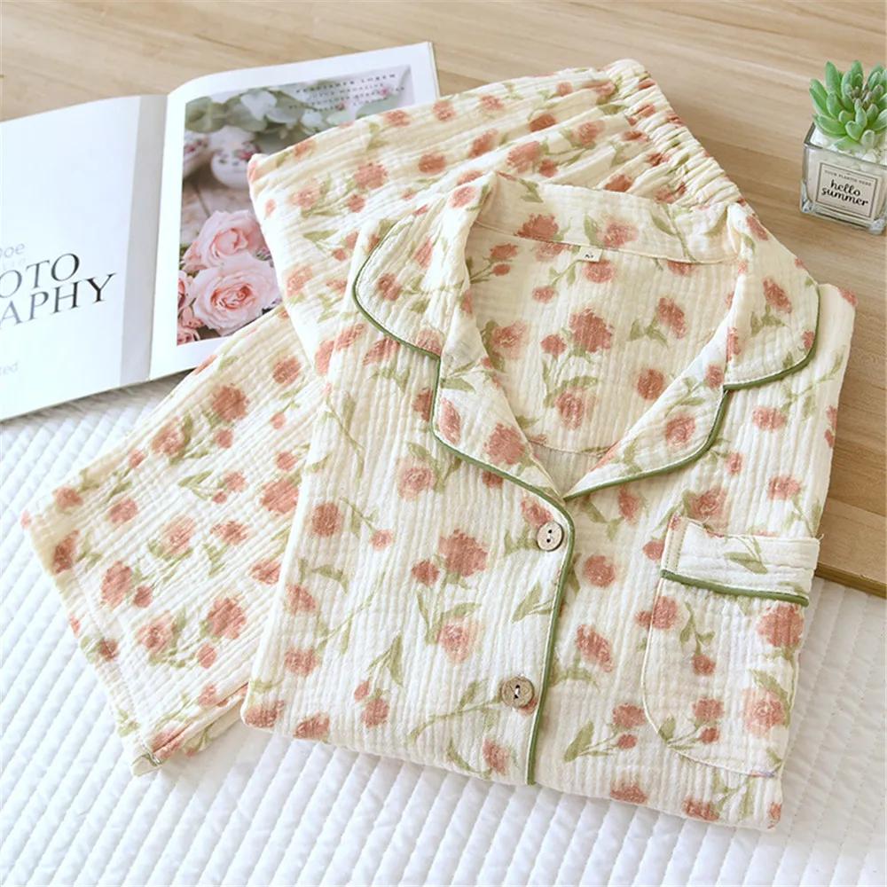 

Floral Printed Cotton Women's Pajamas Suit for Summer Autumn Long Sleeved Shirt Pants Home Women Sleepwear Set