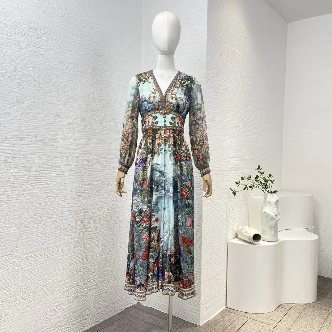 

Vintage Dimonds Pressed High Quality Silk Blue Floral Print Long Sleeve V Neck Midi Women Dress