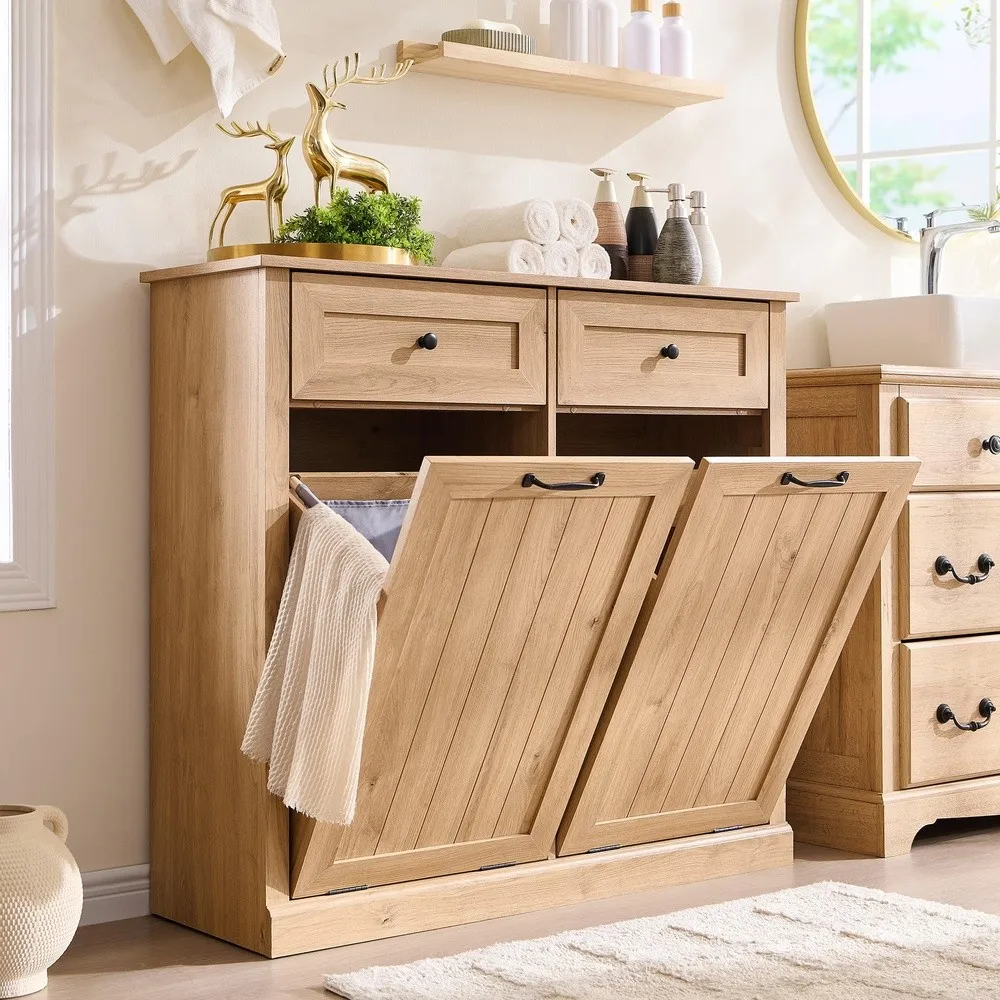 Double Tilt Out Laundry Hamper Cabinet Trash Cabinet Natural