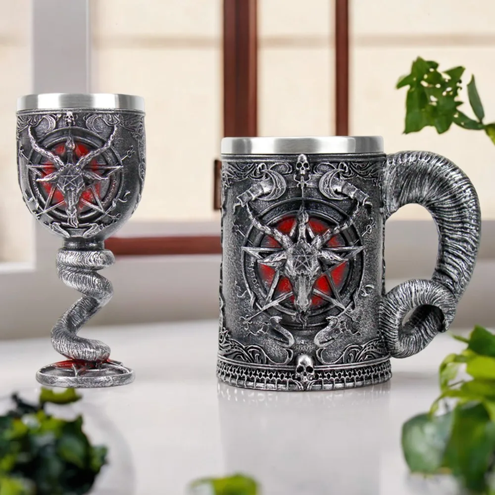 Enchanting Gothic Baphomet Horn Pentagram Goblet Wine Glass Set - Embrace the Intriguing Mystic Aesthetic with this Mystical Tan