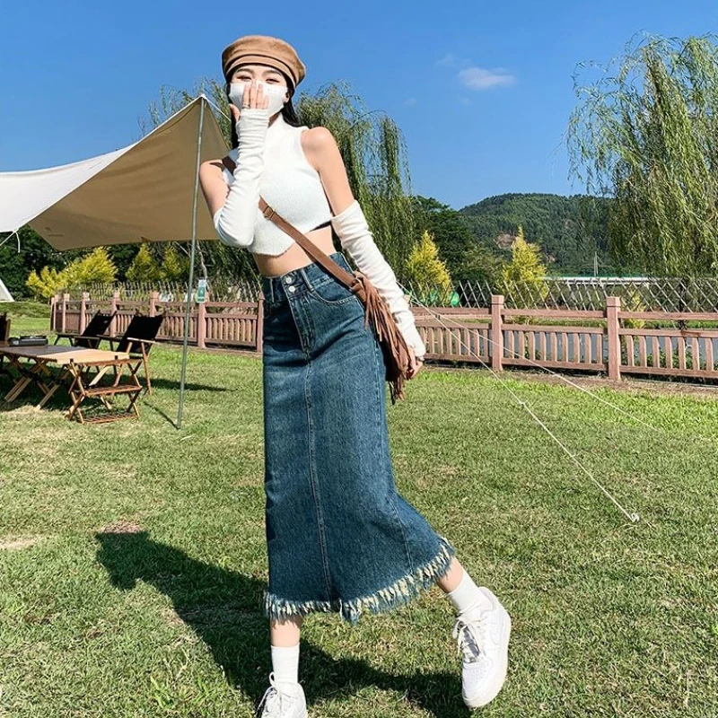 

Ретро джинсовая юбка миди для высоких женщин, с высокой талией, облегающая, с бахромой и разрезом сзади, в шикарном винтажном стиле