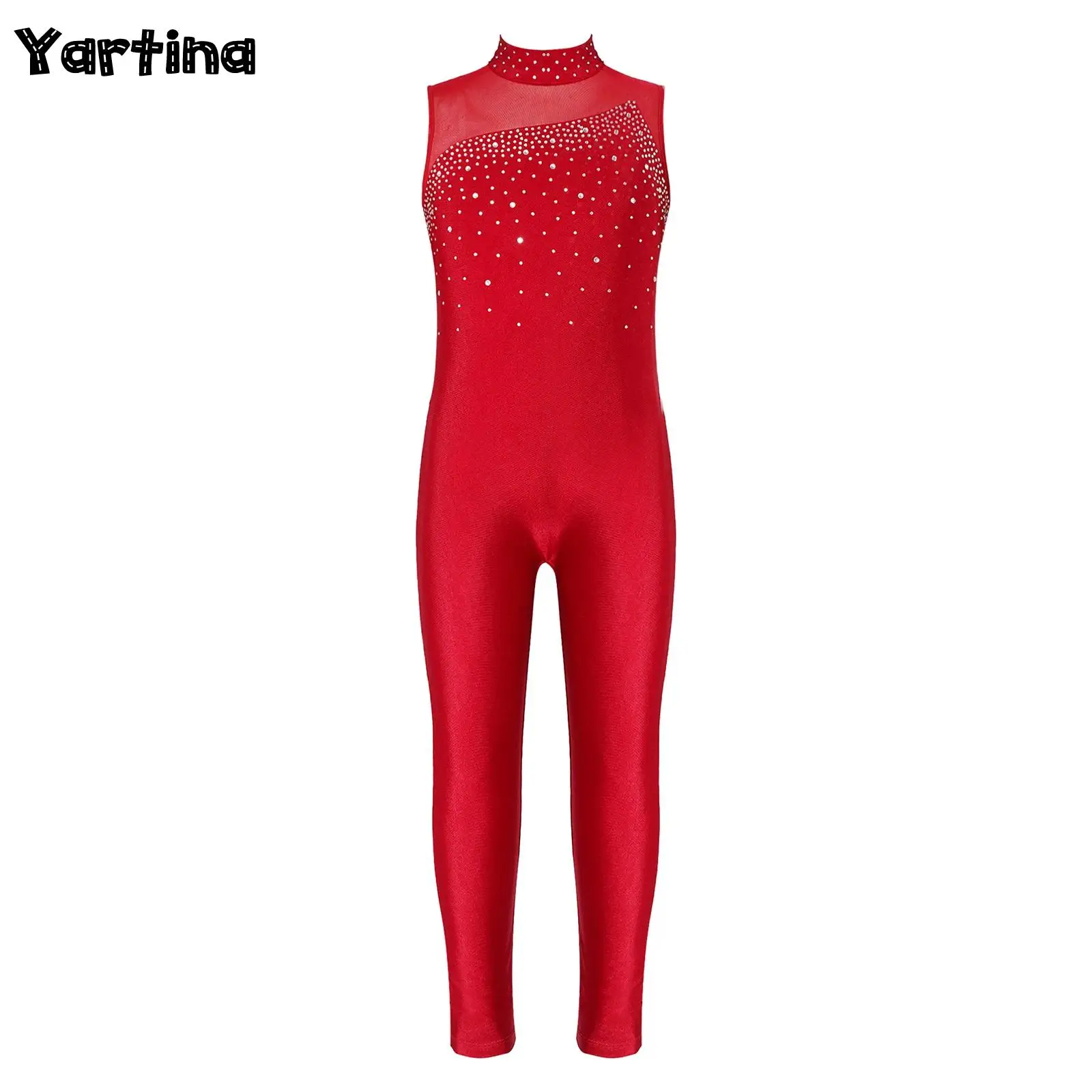 

Kids Girls Figure Ice Skating Jumpsuit Unitard Dancewear Sleeveless Round Neckline Rhinestone Dance Gymnastic Dance Leotards