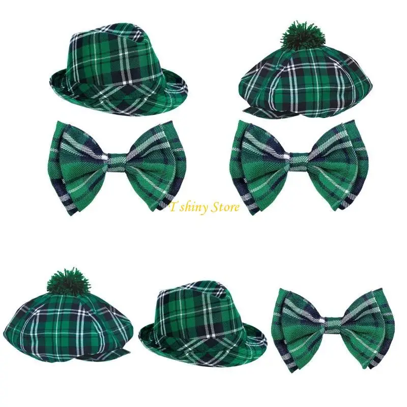N58F Plaids Headpiece St. Patricks Day Bowtie Octagonal Hat for Festival Party