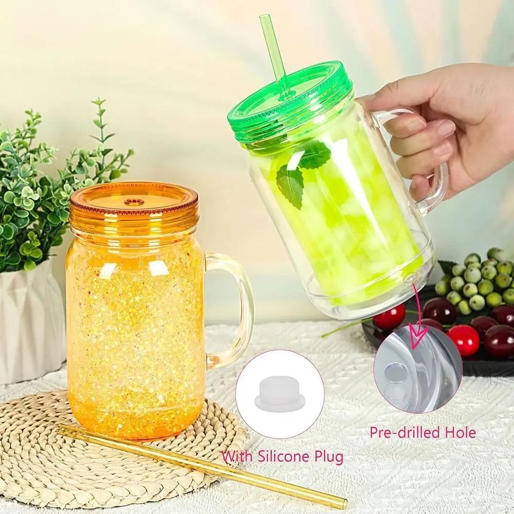 NEW 20 Oz Capacity Snowglobe Tumbler Pre Drilled Hole Clear Plastic Mason Jars Double Wall Snow Globe Cups Party Favors