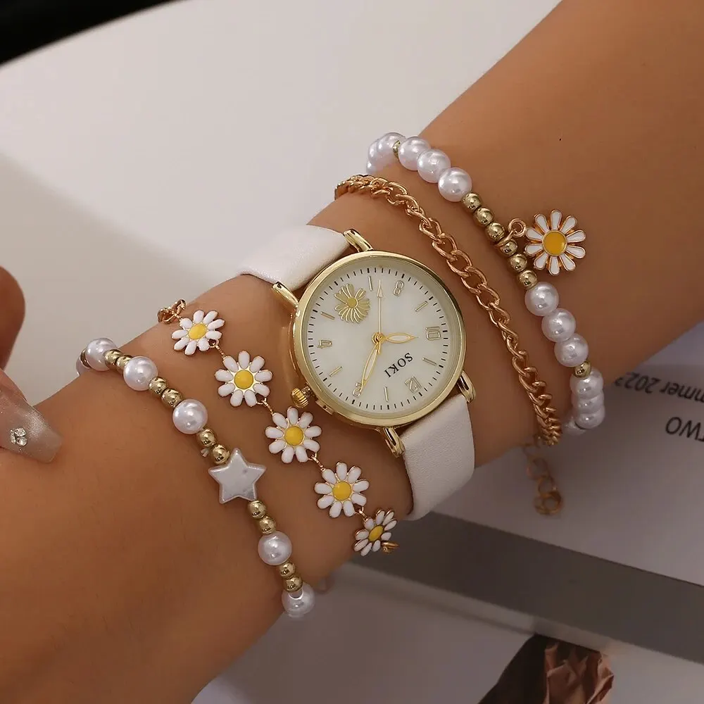 White Quartz Watch Dainty Bracelet For Women Leisure Casual Round Hollowed Pattern Bracelet Set