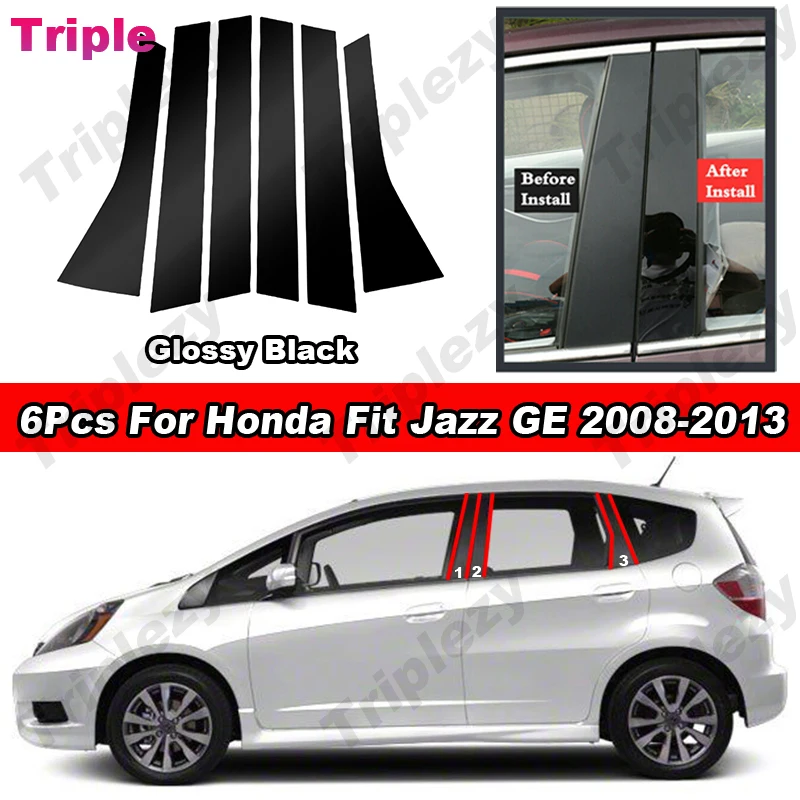 6Pcs Glossy Piano Black Pillar Posts Door Window Trim Cover For Honda Fit Jazz GE 2008-2013 Carbon Fiber PC Material Stickers