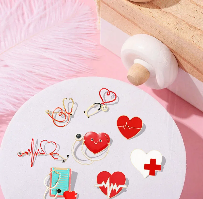 Medical Pin Lapel Badge Bag Cartoon Jewelry Gift for Kids Friends Heartbeat Stethoscope Enamel  Brooch Custom Electrocardiogram