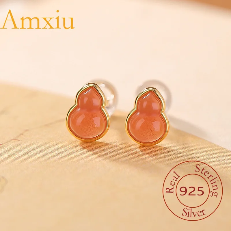 

Amxiu Sterling Silver 925 Natural Water Red Gold-Plated Gourd Fortune Simple New Chinese Style Exquisite Earrings Ear Jewelry