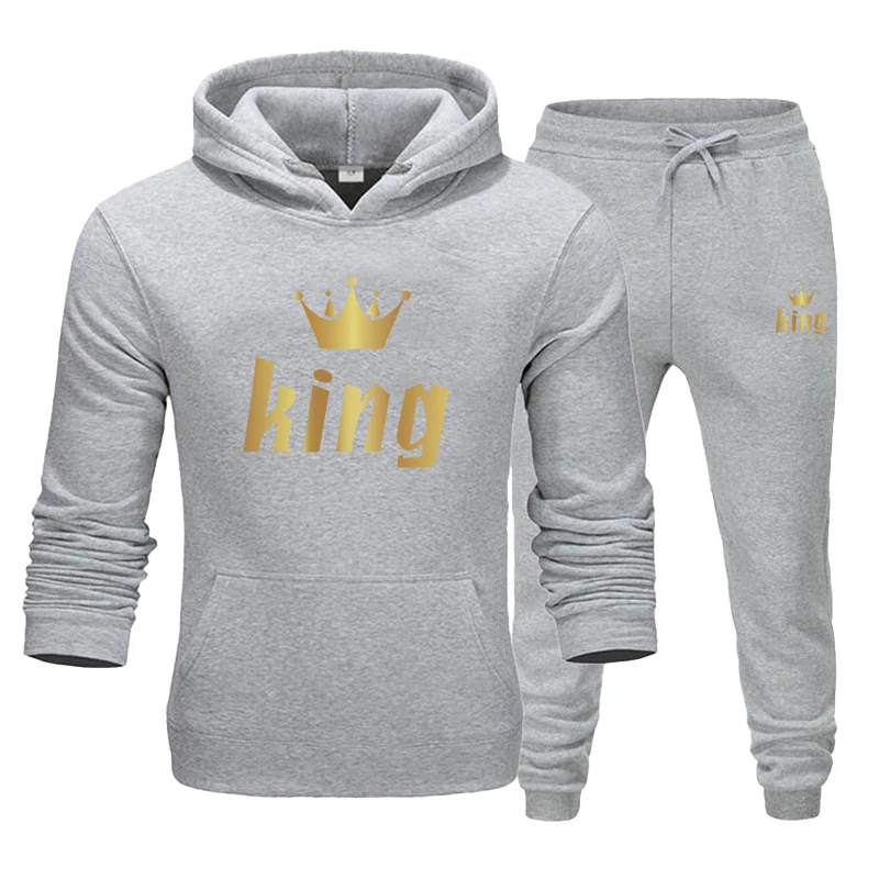 Fashion King Print Hoodie Set Autumn/Winter Pullover Solid Color Hoodie+Pants Two Piece Set Hoodie Set