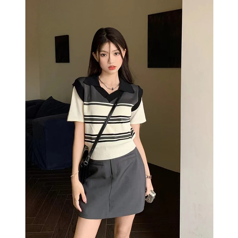 

Fake Two-piece Knitted Polo Shirt Women Summer New Vintage Striped Design Sense Tops Niche Versatile Preppy Style Tees Female