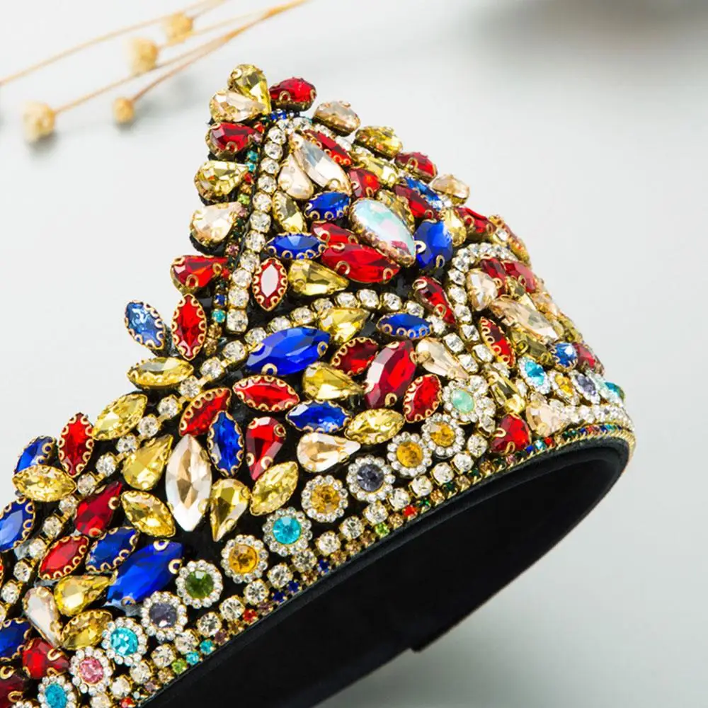 عالية الجودة عقال للرأس على شكل تاج موضة الاتجاه الرجعية حجر الراين واسعة حافة الشعر هوب متعدد الألوان الزجاج الكريستال الساطع الإسفنج رئيس هوب