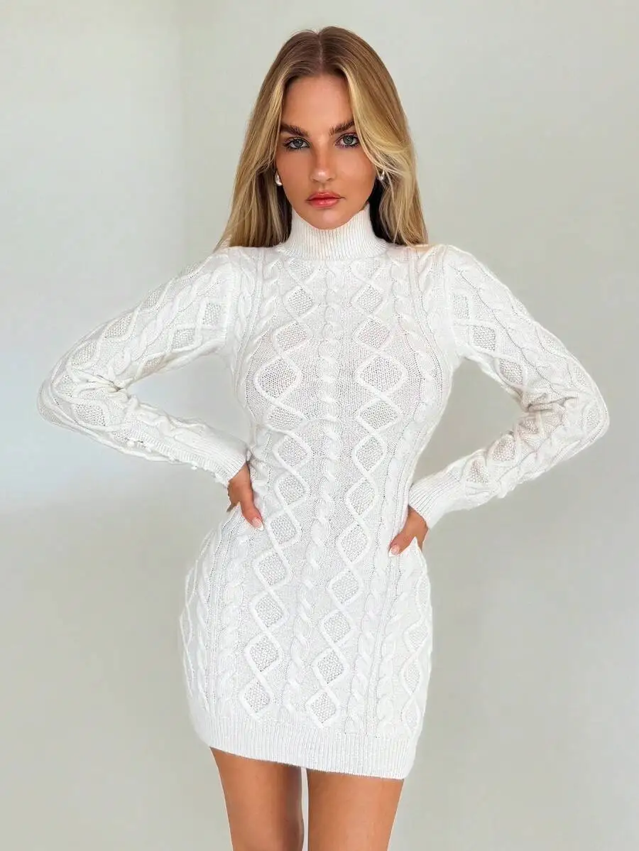 

Womens High Neck Cable Knit Sweater Dress Autumn Winter Warm Short Fit Daily Wear