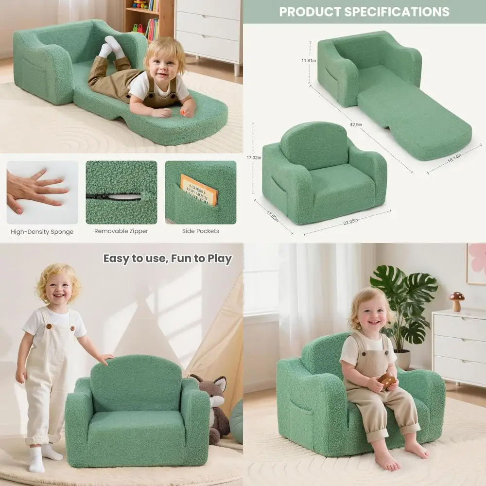 

Convertible Toddler Couch, 2-in-1 Comfortable Sofa for Kids 1-3 Years, Plush Seat Converts to Lounger, Unisex, Green