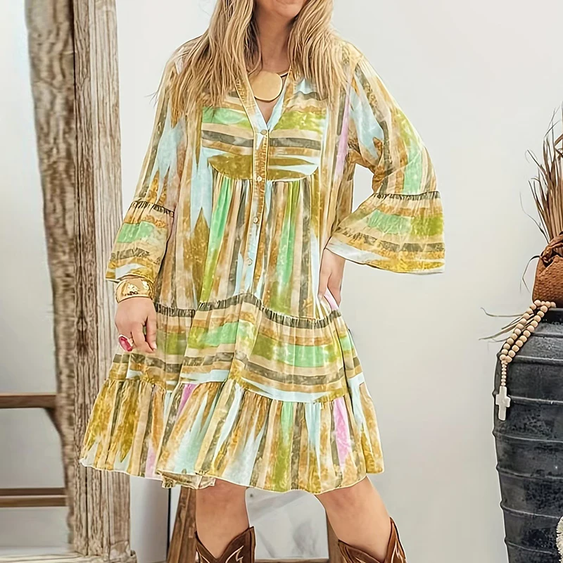 Casual New Loose Bohemian Style Party Dress Vintage V-neck Long Sleeve Commute Dress Elegant Lady High Waist Pleated Midi Dress