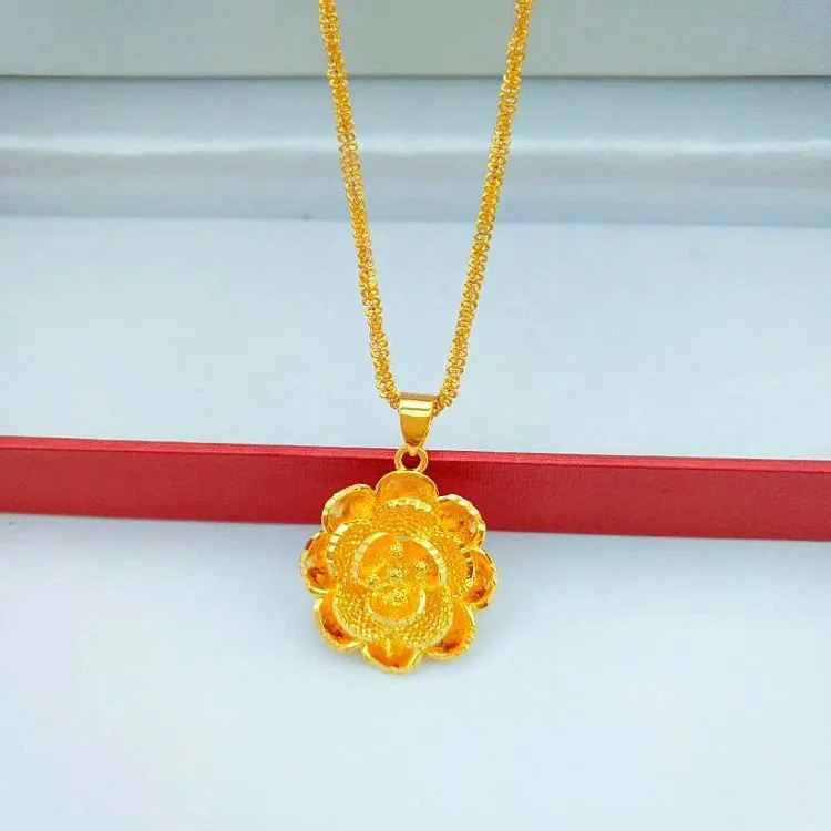 Luxury 3D Flower Sand Gold Necklace Sparkle Thick Yellow Gold Color Chain Necklace for Women Wedding Engagement Jewelry Gifts