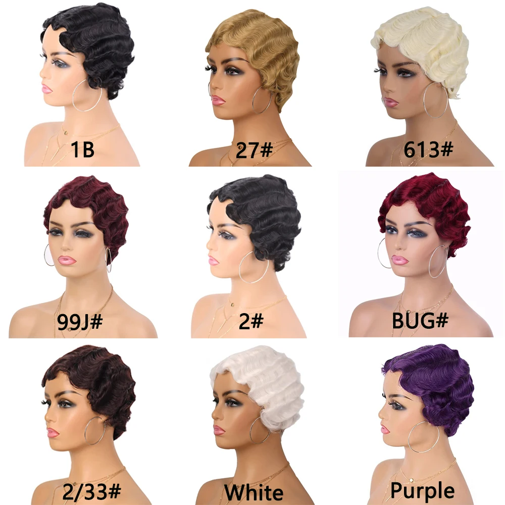 4 بوصة الشعر الاصطناعية إصبع موجة شعر مستعار أسود أنثى موجة المياه قزم قصير مجعد الشعر اليومي حفلة لعب الأدوار شعر مستعار رقيق بشكل طبيعي