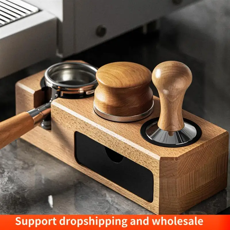 AA86 Espresso Tamping Station With Wooden Holder, Fits 51Mm-58Mm Portafilters, Includes 3 Holes For Tampers And Levelers