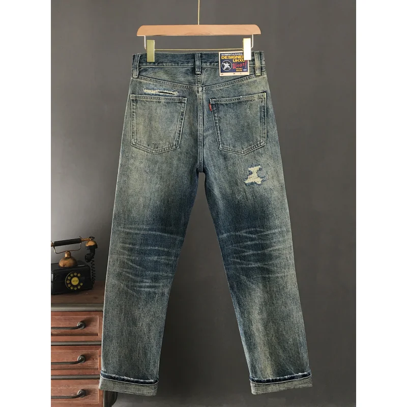 Broken hole patch heavyweight jeans for men 2025 new style American retro non elastic loose straight tube nostalgic long pants