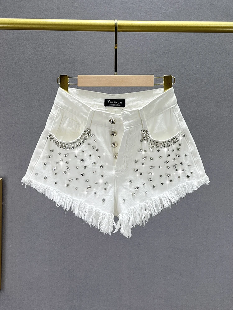 

High Waist Denim orts Women's Summer Faion Loose Slimming Diamond Embellied Frayed Hem Hot Pants Zipper Closure Blue