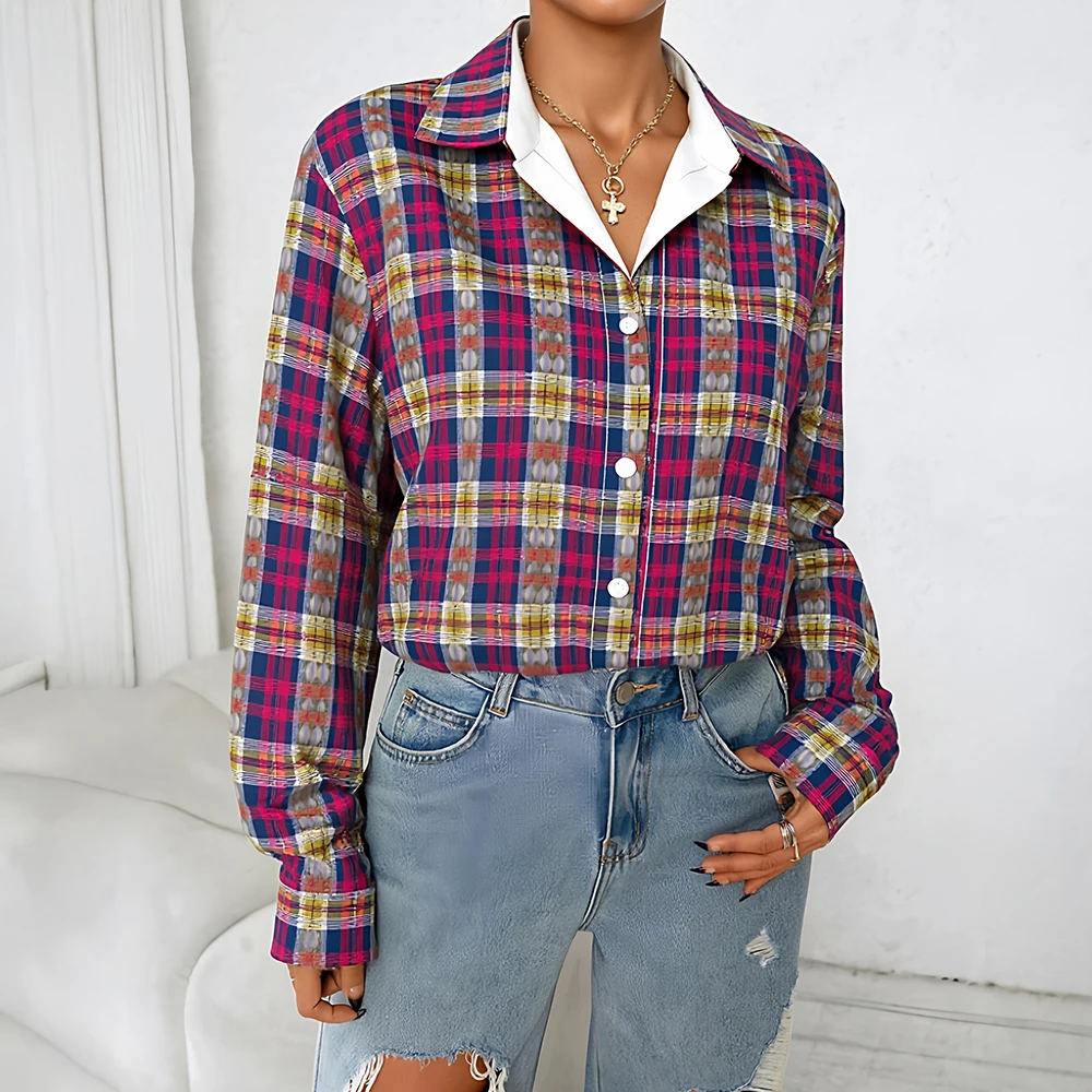 

Mia Muse Select Autumn Shirts 2025 Women's Modest Fashion Plaid Long Sleeve Shirt Collar Fitting Slim Vacation Shirts