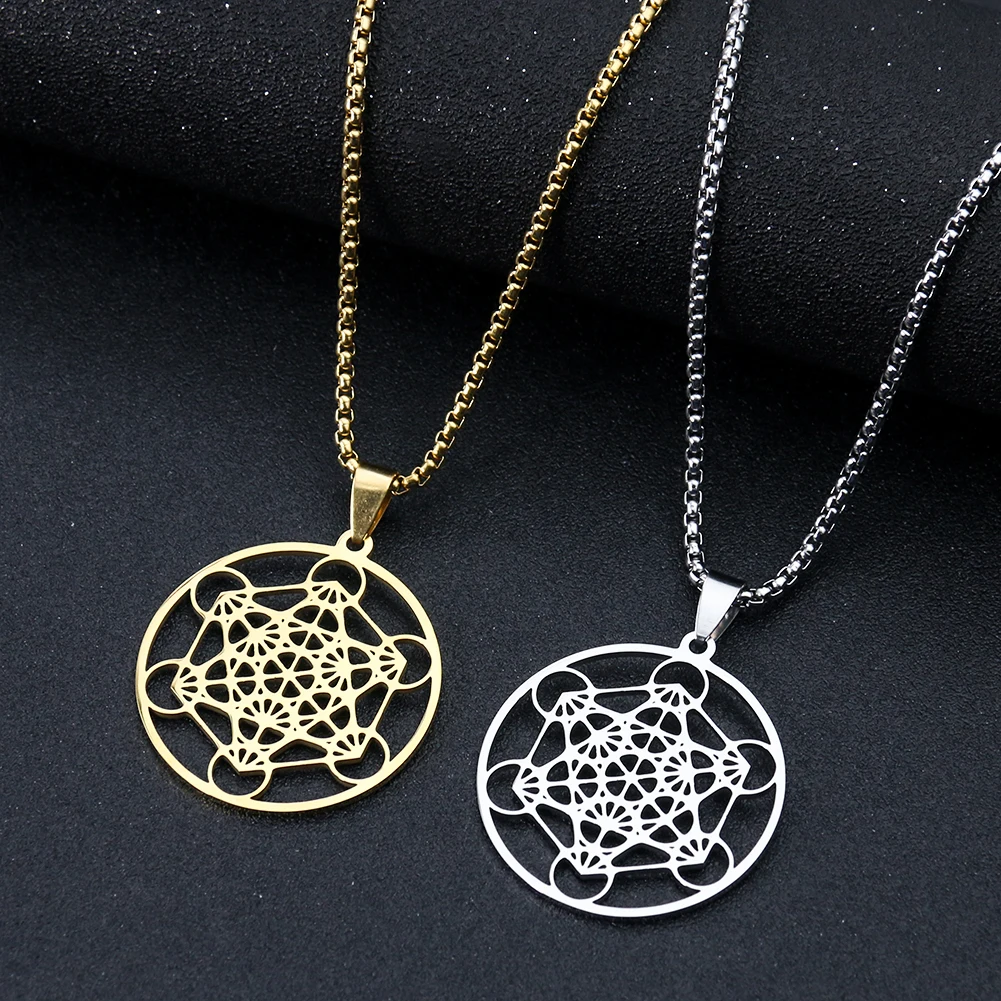 Stainless Steel Archangel Metatron Cube Necklace Chain for Women Men Sacred Occult Amulet Pendant Charms Jewelry Yoga Meditation