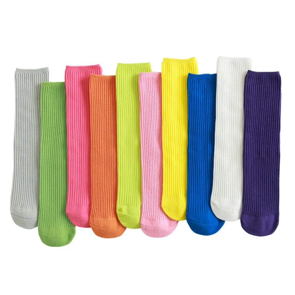 2Pairs Mid-Calf Socks Solid Breathable Soft Elastic Adults Casual Warm Stockings Fluorescent Green