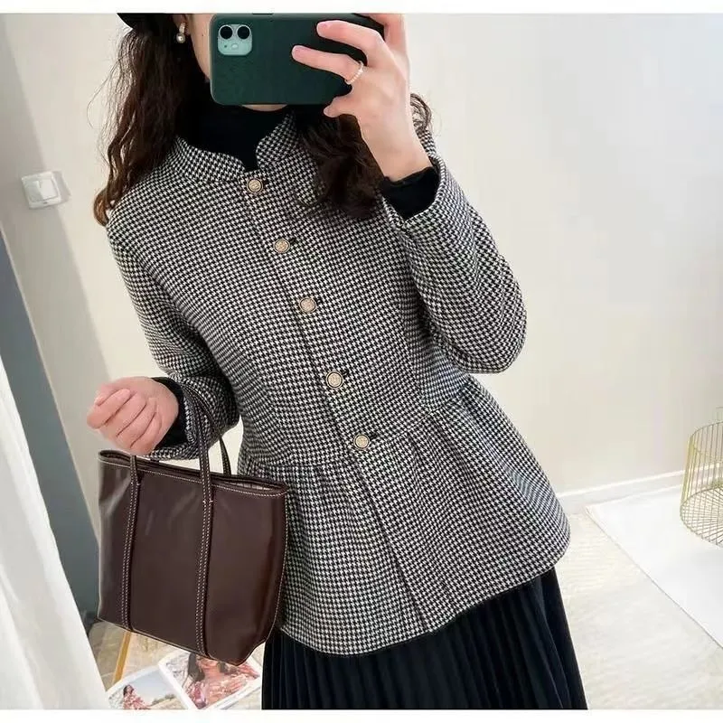 Fashion Spring and Autumn Female Coat All-match Small Suit Temperament Korean Version Slim Cut Cell Hemline Woolen Coat