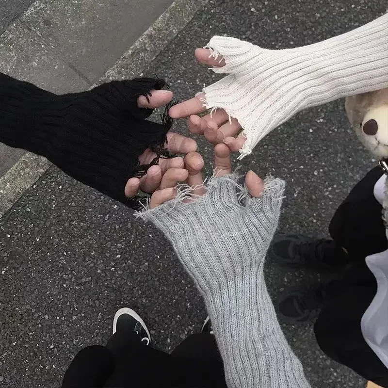 Guantes de punto sin dedos para hombre y mujer, manoplas de longitud hasta el codo, elásticos y rotos, color negro, estilo Punk, 1 par