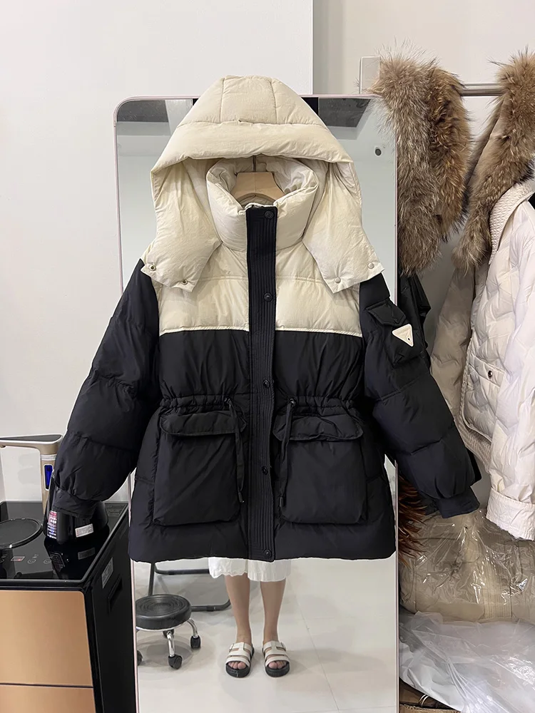 Down jacket women's 2025 new Korean version hooded large pocket fashionable 90 white duck down jacket trendy Overcoat