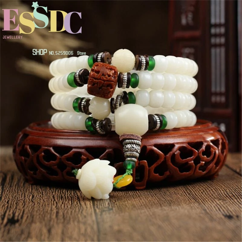 

New Design Natural White Bodhi Root 108 Strand Bracelet or Yoga Prayer Necklace Carved Lotus Rudraksha 108 Beads Mala Dropship