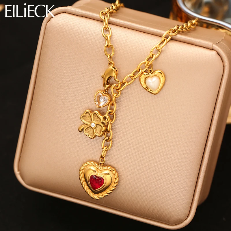 EILIECK нержавеющая сталь 316L модный красный циркон сердце любовь кулон ожерелье эффектный шарм золотая цепочка модные ювелирные изделия подарок EILIECK нержавеющая сталь 316L модный красный циркон сердце любовь кулон ожерелье эффектный шарм золотая цепочка модные ювелирные изделия подарок